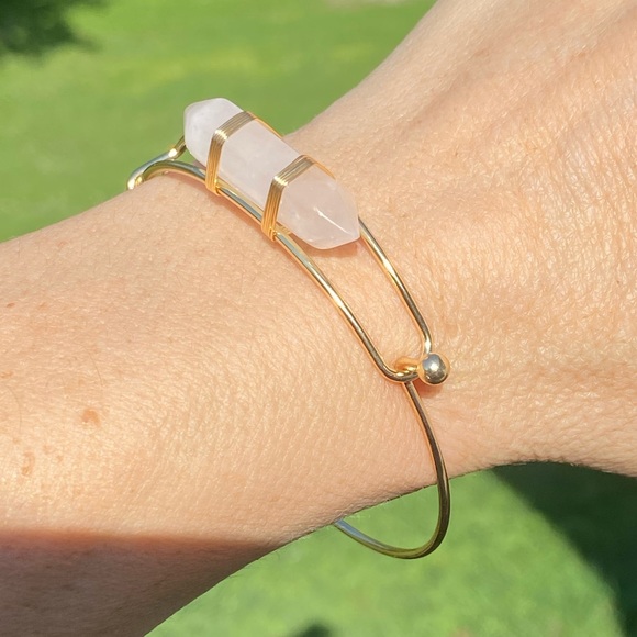 Genuine Rose Quartz hexagon gold tone bracelet - Picture 3 of 13